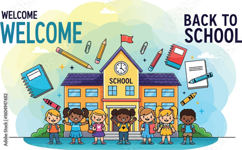 Vector art of a vibrant cartoon illustration welcomes students back to school, depicting a diverse group of children in front of a school building with floating school supplies