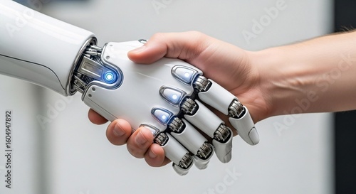 Human hand and robotic hand shaking, symbolizing future collaboration and technological partnership.