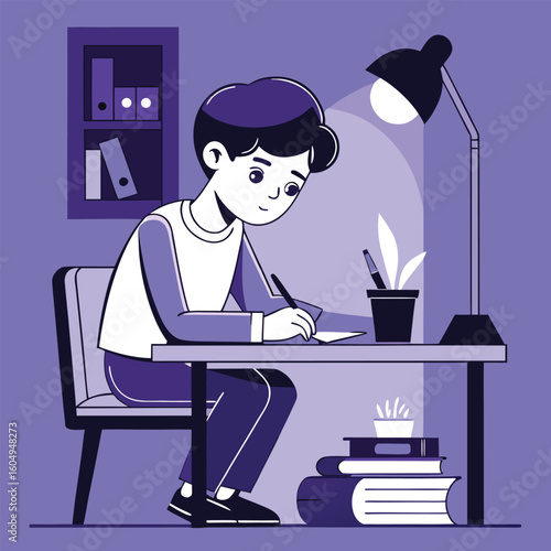 Young Boy Diligently Writing at a Desk Vector Illustration of Learning