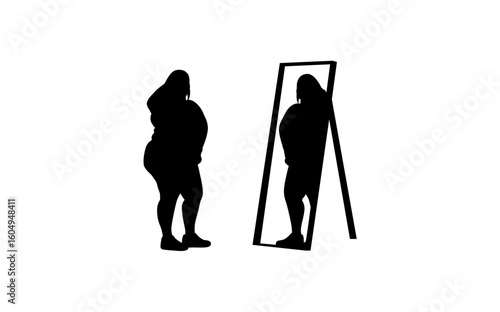 A silhouette of an obese woman standing beside a mirror, reflecting her image.