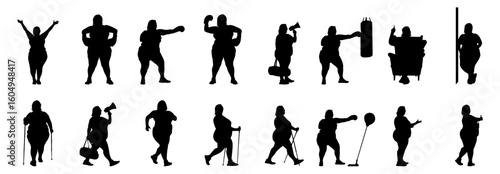 A collection of black and white silhouette illustrations of overweight people performing various activities like exercising, walking with walkers, lifting weights, and more.vector set.