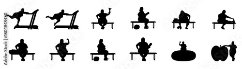 A fat woman sitting on a bench in the park. She is sitting on a bench in different styles. Vector illustration set.