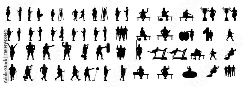 A collection of black and white silhouette illustrations of overweight people performing various activities like exercising, walking with walkers, lifting weights, and more.vector set.