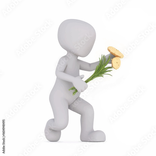 Cartoon character picking mushrooms and herbs in playful stance  