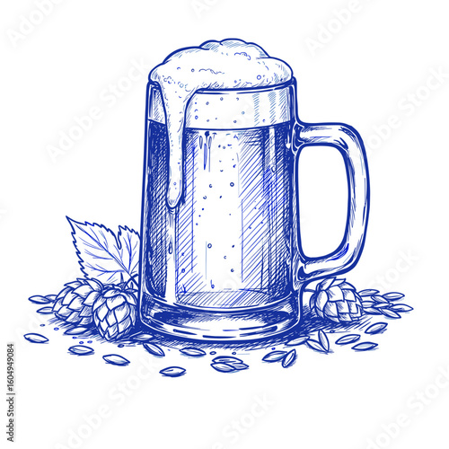 Blue ballpoint pen doodle beer mug with hops and barley grains, hand-drawn sketch isolated on white for design projects

