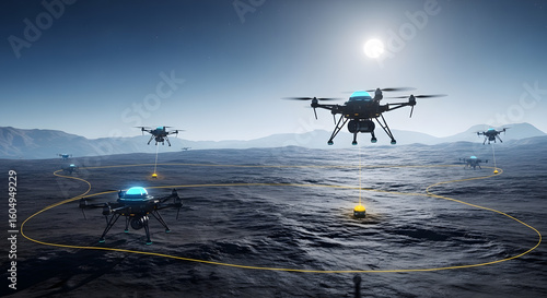 Multiple advanced drones flying over a barren, rocky terrain under a bright sun, engaged in autonomous surveying operations.