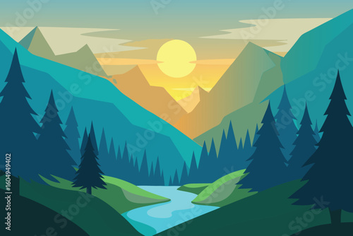 Serene Mountain Landscape with River at Sunset | Vector Illustration