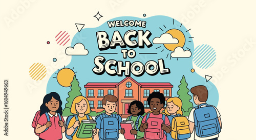Vector art of a colorful cartoon illustration welcomes students back to school, depicting diverse children with backpacks in front of a schoolhouse under a sunny sky
