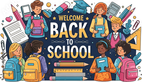 Vector art of a vibrant illustration of diverse students with school supplies and welcome back to school text, isolated on white background