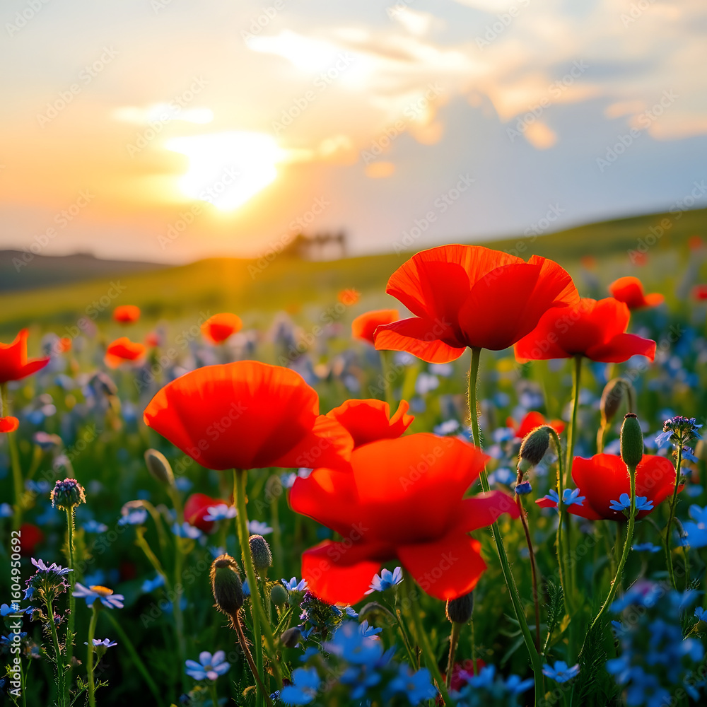 Naklejka premium A stunning meadow full of vibrant red poppies and delicate blue wildflowers is bathed in the warm glow of sunset