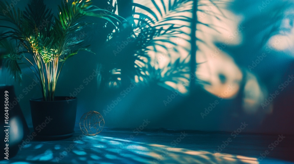Fototapeta premium Sunlight casting shadows through leaves onto wall for nature inspired abstract botanical decor concept