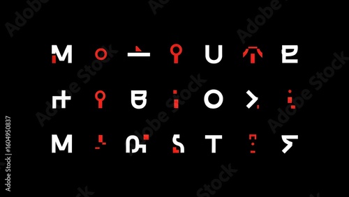 Mysterious ancient symbols and glyphs arranged in rows on a black background