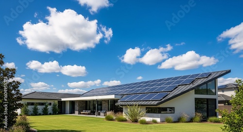 Wallpaper Mural Modern house with solar panels on the roof and a green lawn under a clear blue sky Torontodigital.ca