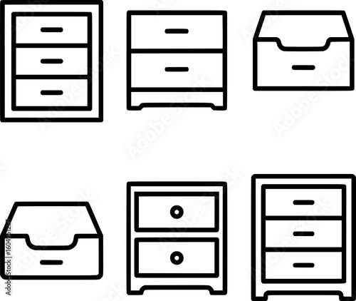 Drawer storage furniture black line vector icon set 