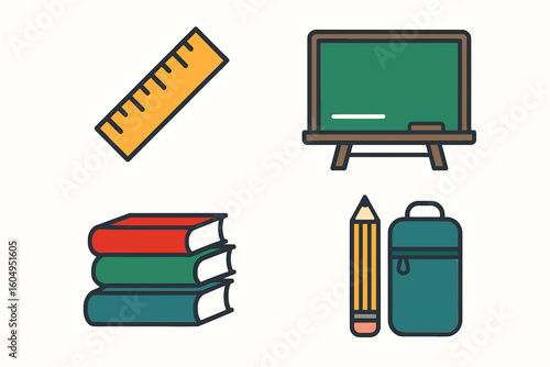 Educational tools collection: ruler, chalkboard, books, pencil, backpack icons