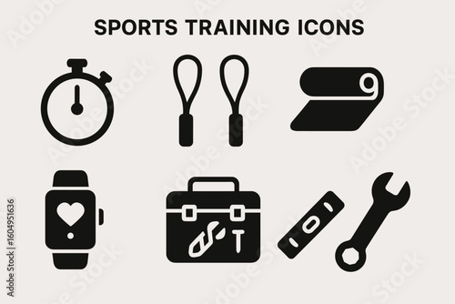 Sports training icons: stopwatch, jump rope, yoga mat, smartwatch, toolbox, wrench