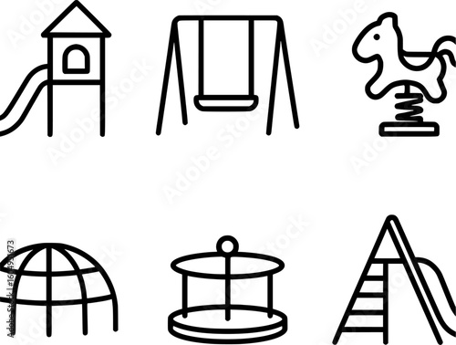 Playground icon set collection for kids activity fun recreation swing slide climbing structure illus 