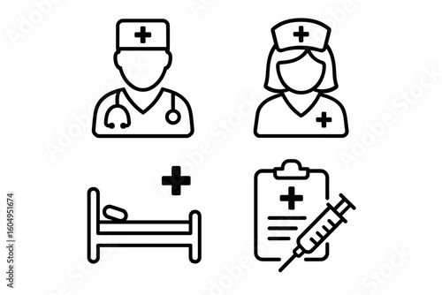 Medical icons set featuring doctors, nurses, hospital bed, and syringe