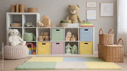 Child's playroom, organized toys