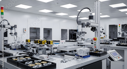 A high-tech cleanroom laboratory with advanced robotic arms and automated manufacturing equipment.