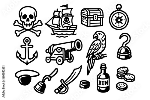 Pirate symbols: skull, ship, treasure chest, compass, parrot, and more in black and white