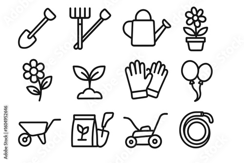 Essential gardening tools and symbols: shovel, rake, watering can, plants, gloves, balloons