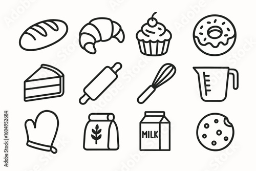 Baking essentials icon set: bread, pastry, cupcake, donut, and more