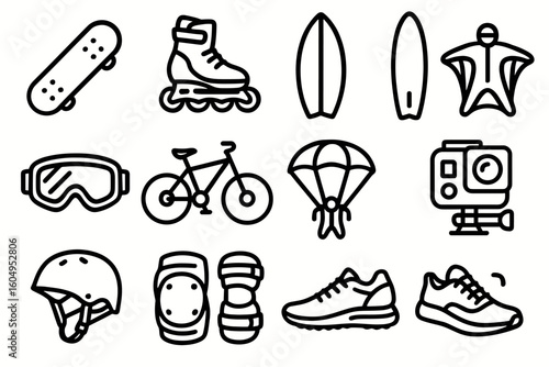 Outline icons of skateboard, rollerblades, surfboard, wingsuit, and adventure gear