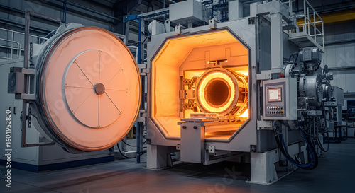 An open industrial vacuum furnace glows with intense heat in a modern factory.