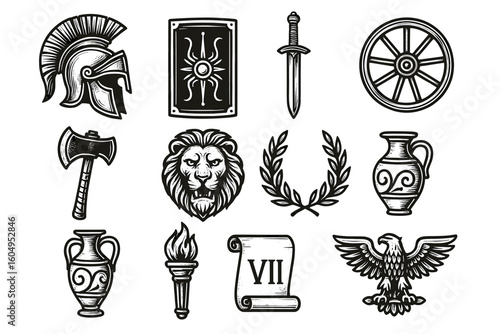 Ancient roman symbols: helmet, shield, sword, axe, lion, laurel, amphora, torch, scroll, eagle, wheel