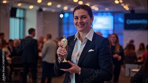 Corporate employee receiving award and celebrating at a rewards and recognition event