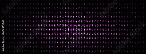 Glowing purple halftone dot pattern on black background with center light effect, perfect for futuristic, digital, music, or nightlife themed vector designs