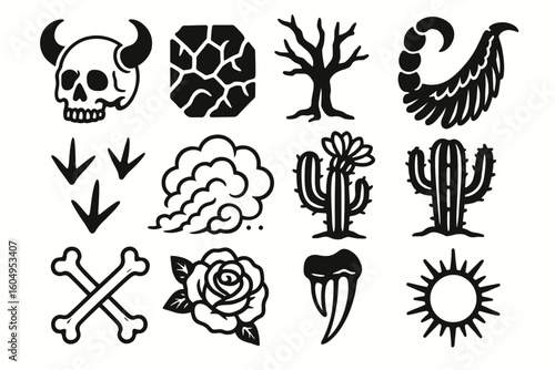 Set of 12 black desert-inspired icons featuring skull, cactus, and sun motifs
