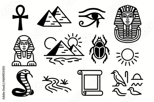 Ancient egyptian symbols: pyramids, ankh, eye of horus, sphinx, pharaoh, cobra, hieroglyphs