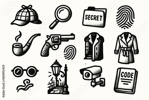 Detective icons: magnifying glass, pipe, secret file, and more
