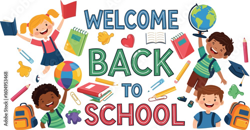 Vector art of happy children welcome everyone back to school with books, backpacks, and school supplies, isolated on white background