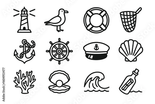 Nautical icons: lighthouse, seagull, lifebuoy, net, anchor, ship wheel, captain hat, seashell, coral, wave, message bottle