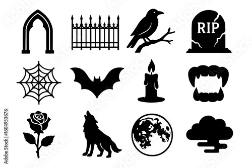 Spooky halloween icons: tombstone, bat, spiderweb, candle, wolf, crow, moon