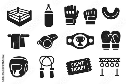 Boxing equipment silhouettes: gloves, ring, punching bag, belt, jump rope