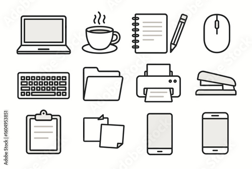 Icon set of office essentials: laptop, coffee, notebook, and more