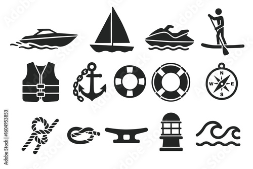 Water sports and maritime icons: boats, life jackets, anchor, compass, waves
