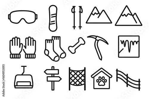 Skiing and snowboarding icon set with equipment and mountain symbols