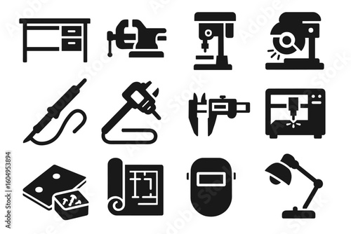 Black silhouette icons of workshop tools and equipment on white background