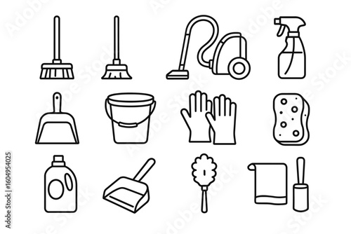 Set of cleaning tools and equipment icons: broom, mop, vacuum, spray bottle, and more