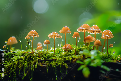 Wet Forest Moss and Tiny Mushrooms After Rainfall