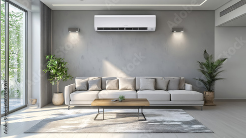 Fototapeta Naklejka Na Ścianę i Meble -  A large luxury modern living room interior is bright and features air conditioning, illustrated in a mockup 3D rendering.