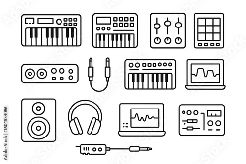 Music production equipment icons: keyboards, mixers, headphones, speakers, interfaces