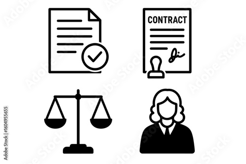 Legal document icons featuring contract, justice scale, and lawyer illustration