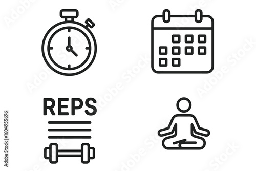 Workout timing icon set with stopwatch, calendar, reps, and meditation symbols