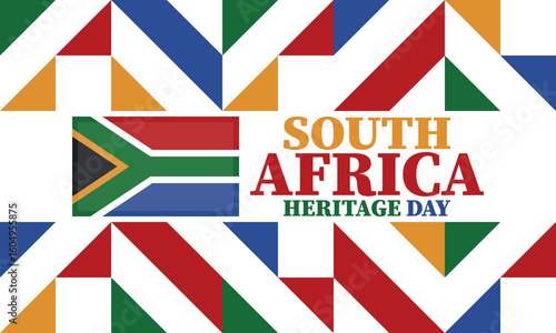 South Africa Heritage Day. Happy holiday. Celebrate culture and traditions of nation. South African flag. Poster with illustration. Pattern design. Vector
